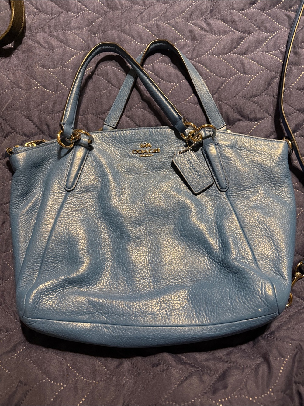 COACH Blue Pebbled Leather Shoulder Tote with Gold Hardware